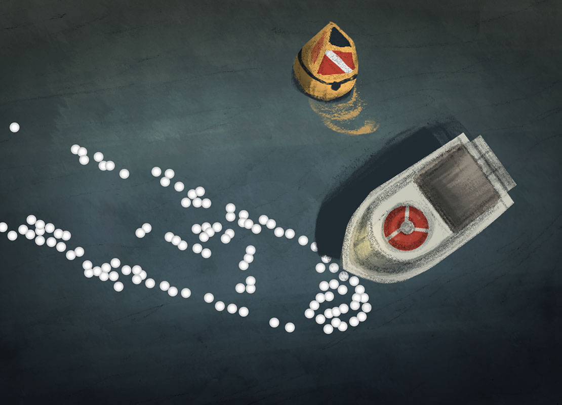 Scene from Lost Emerald game in which boat uses sonar to detect location of a shipwreck