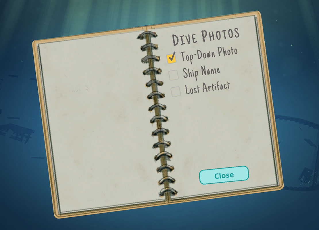 Scene from Lost Emerald game showing notebook used to log evidence used to find shipwrecks
