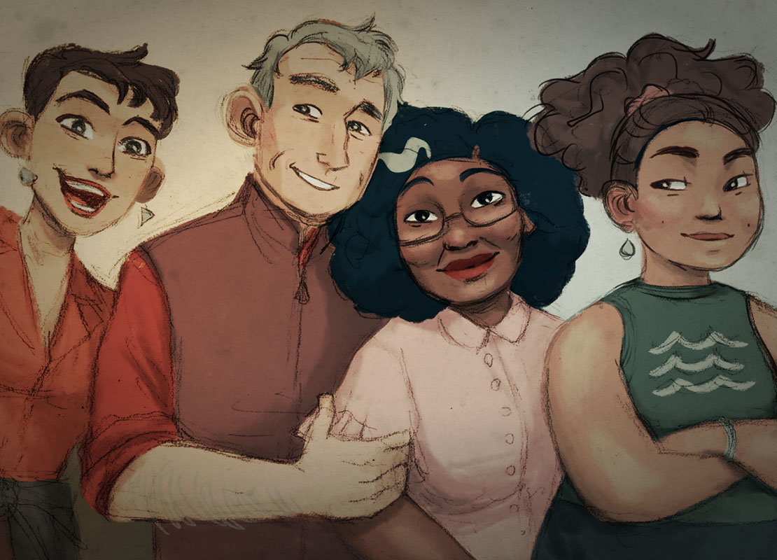 Illustration of family of characters from Lost Emerald game, including a middle aged father and mother with their two daughters who are young adults