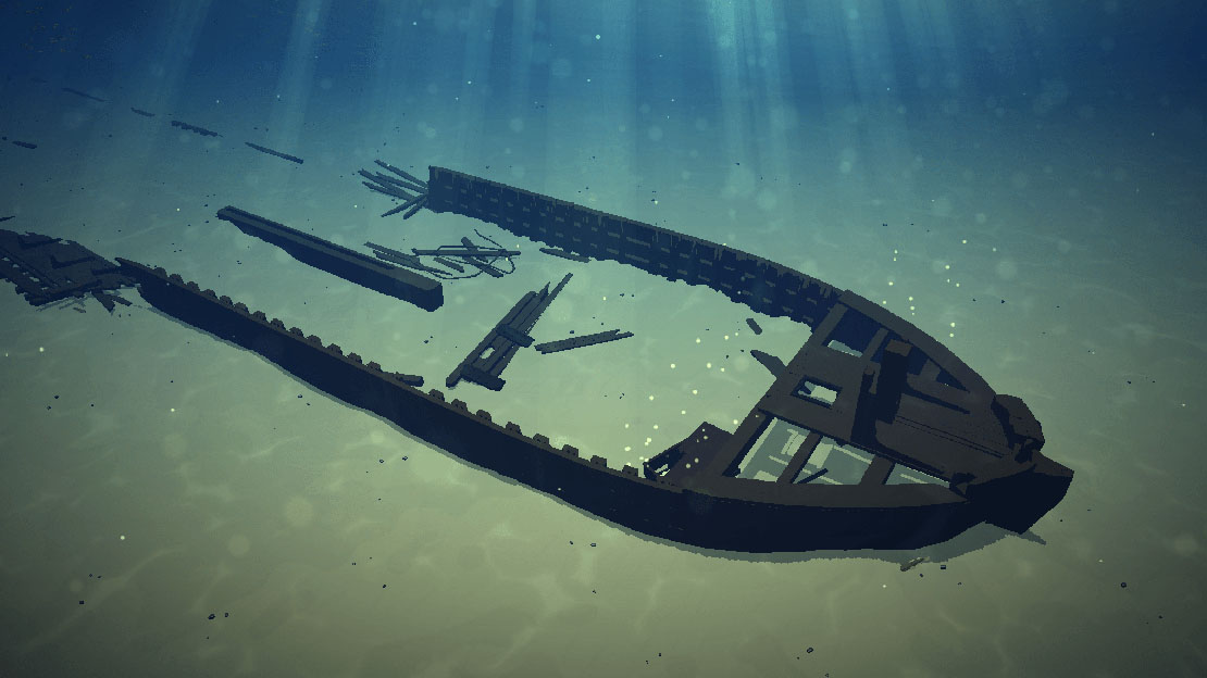 Scene from Lost Emerald game showing a shipwreck at the bottom of a lake