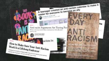 Collage of newspaper clippings with headlines about racism