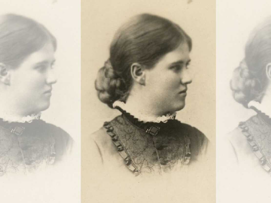 A profile portrait of Belle Case La Follette. Her head and shoulders are visible and she is looking to the viewer's right.