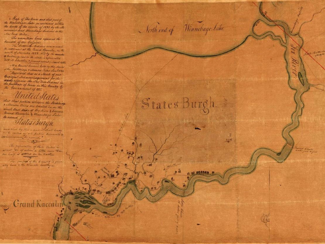 An old map showing the Fox River, Lake Winnebago at top, and the town of Statesburgh. It shows the location of houses and buildings. The map is a yellow-orange color.