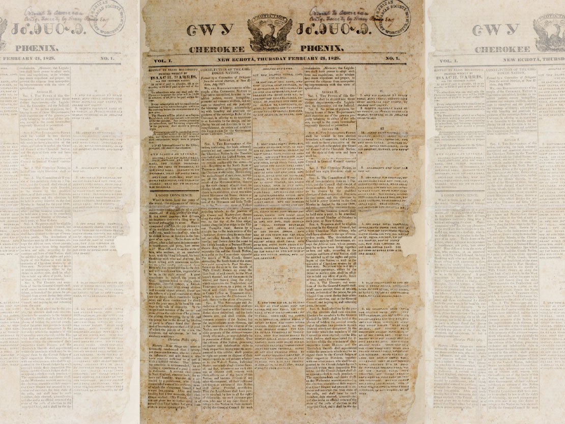 An image of an old newspaper. The paper is yellowed and the type is in both English and Cherokee.