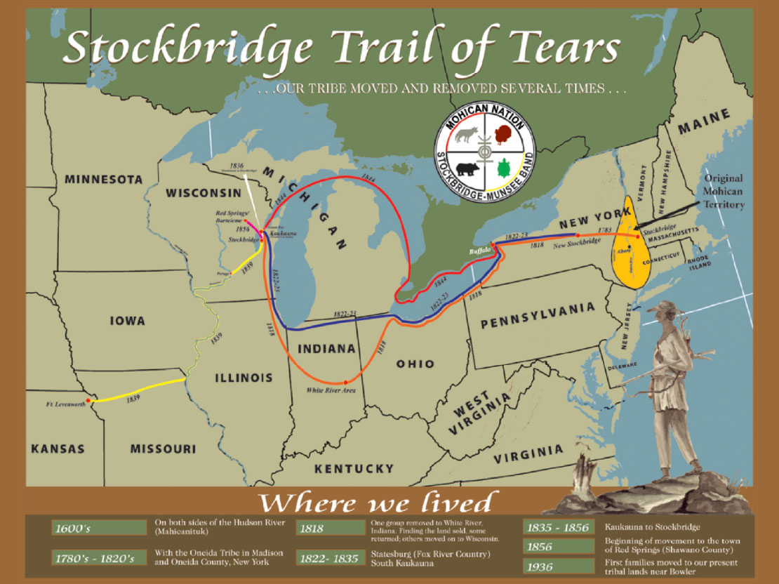 A map showing the forced removals of the Stockbridge-Munsee Band of Mohicans. Their homelands start in the area around New York, Connecticut, and Massachusetts. Their migration takes them to Wisconsin and part of Kansas.