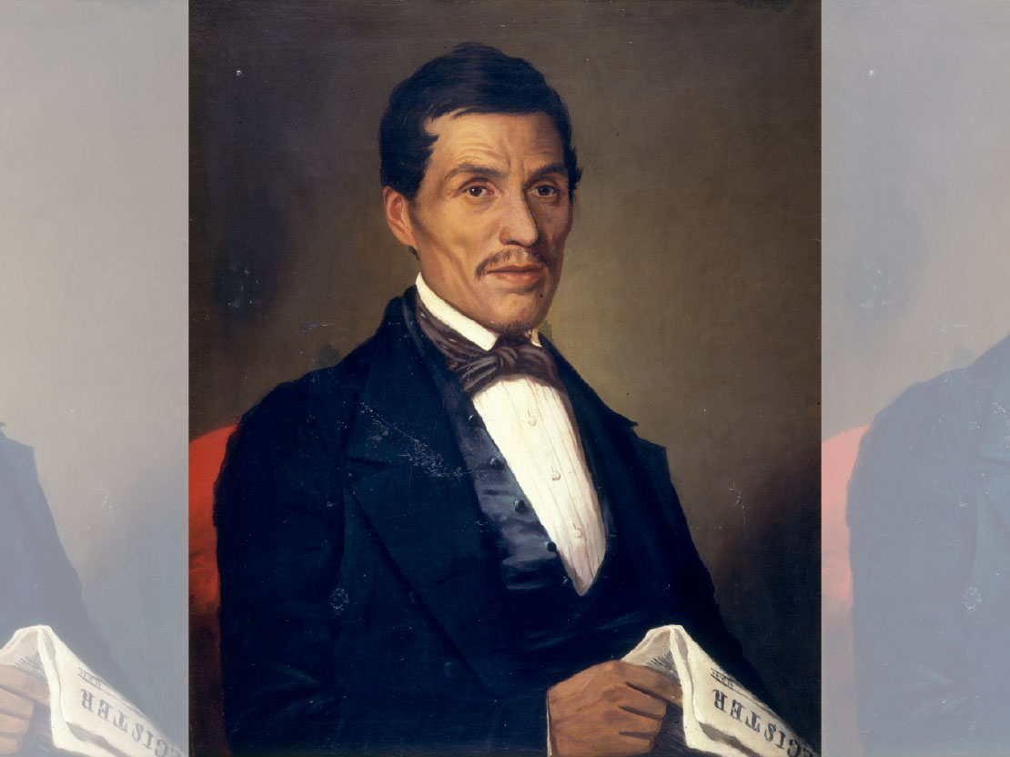 A painting of John W. Quinney. He is in a black suit with a white shirt. He holds several papers in his right hand.