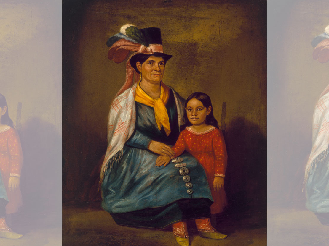 A painting of Jane Quinney and her daughter. Jane is seated, wearing a blue dress with a white and red shawl and yellow scarf. She also wears a black top hat with feathers. Her daughter is a young girl and stands next to her, wearing a red dress.