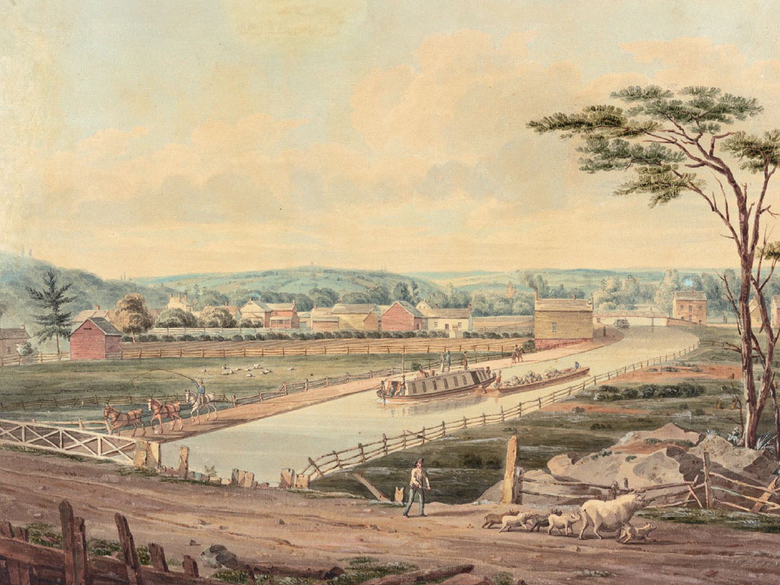 A painting of boats traveling along the Erie Canal. The boats are long and narrow, and one is being pulled by a team of three horses that walk alongside the canal. In the distance are farmlands and homesteads.