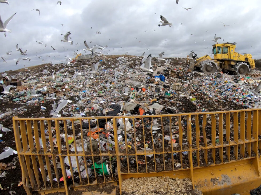 A color image showing a sea of trash behind a yellow fence, with birds in the sky above.