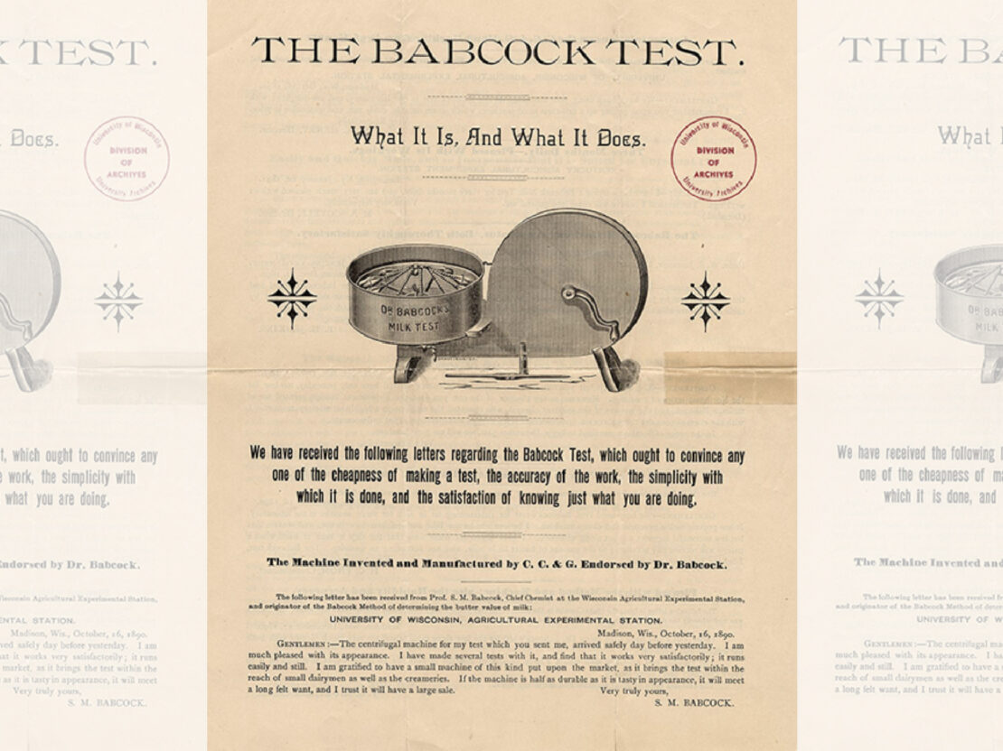 A yellow-tinted image showing a paper with the heading, "The Babcock Test: What It Is and What It Does" with an image of the equipment used.