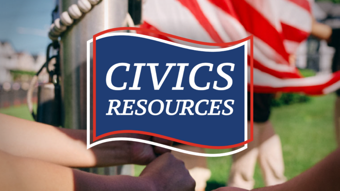 Photo of USA flag being hoisted by hand with the logo for Civics Resources appearing in front of the photo