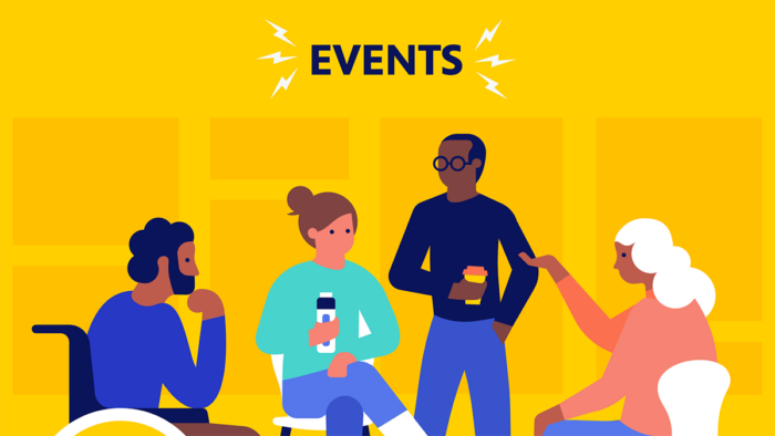 Events slogan with illustration of a diverse group of folks engaged in communication at an event
