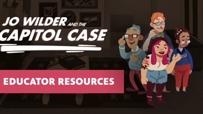 Characters from Jo Wilder and the Capitol Case inviting you to check out the related educator resources