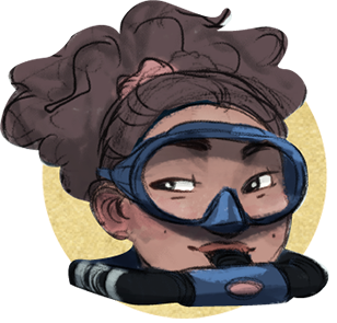 Illustration of girl with brown hair and brown eyes wearing a SCUBA mask