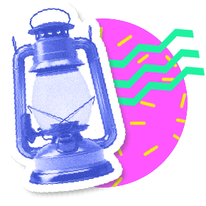 Illustration of a blue lantern with various colors of geometric patterns behind it