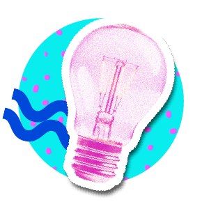 Illustration of a pink light bulb with various colors of geometric patterns behind it