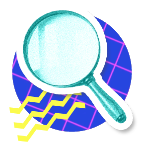 Illustration of a green magnifying glass with various colors of geometric patterns behind it