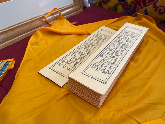 A color photograph of a Buddhist text. It is a stack of long, narrow sheets of paper, on wihch are printed Tibetan writings in the Tibetan script. The text sits on a yellow cloth.